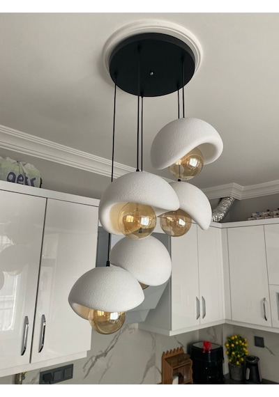 Modern 5'li Avize Beton Dokulu - Salon Ve Oturma Odası İçin Şık Tasarım Rustik Ampul Hediyeli Siyah