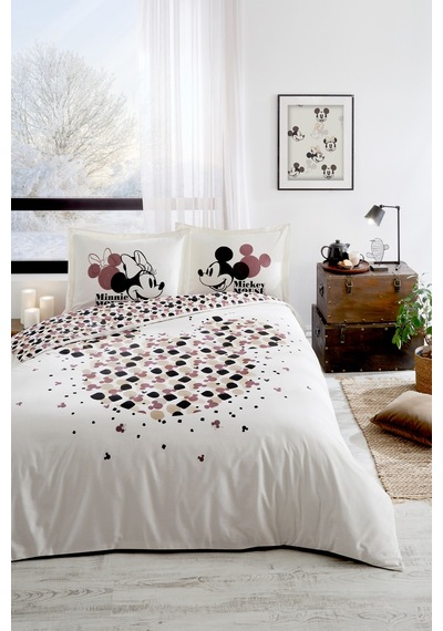 Mickey & Minnie Mouse Love Çift Kişilik Disney Lisanslı Lastikli Çarşaf Nevresim Takımı Krem
