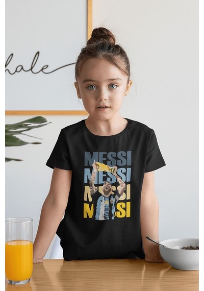Sevbano Unisex Messi Baskılı Efsane Futbolcu Çocuk Tişört 1-12 Yaş Siyah