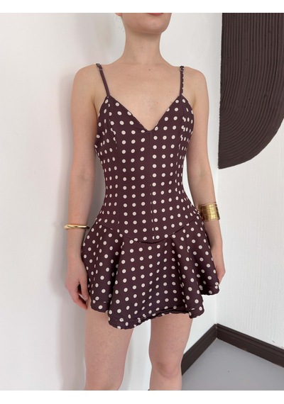 Verymoda Puantiyeli Askılı Mini Elbise D3003 Kahve Taş