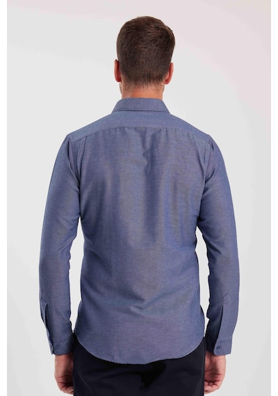 Tudors Erkek Slim Fit Dar Kesim Uzun Kollu Pamuklu Oxford Doku Lacivert Düğmeli Yaka Gömlek-15029 Lacivert