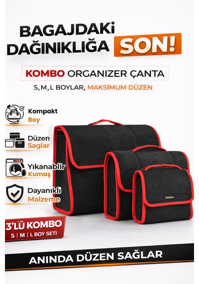 Oto Bagaj Organizer Bagaj Çantası 3'lü Kombo Boy Kaymaz Cırt Bantlı Velur Kompakt Düzenleyici - Vcx1
