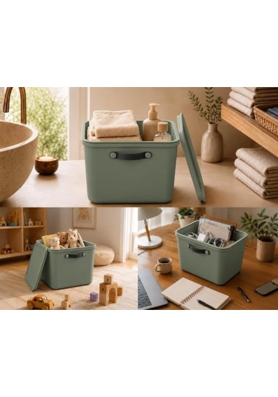23 Lt Kapaklı 2 Adet Organizer Kutu Yan Kulplu Büyük Boy Plastik Saklama Ve Depolama Kutusu Çok Amaçlı Düzenleyici Kutu Dolap, Banyo, Ofis Ve Oyuncak Düzeni İçin 40x30x25cm Zeytin Yeşili