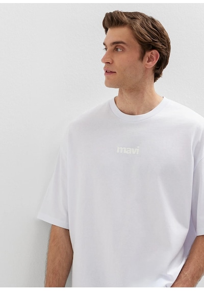 Mavi M0613553-620 Mavi Baskılı T-shirt Erkek Tişort Beyaz