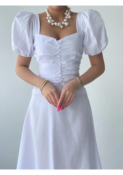 Defymoda Kare Yaka Düğmeli Elbise Beyaz