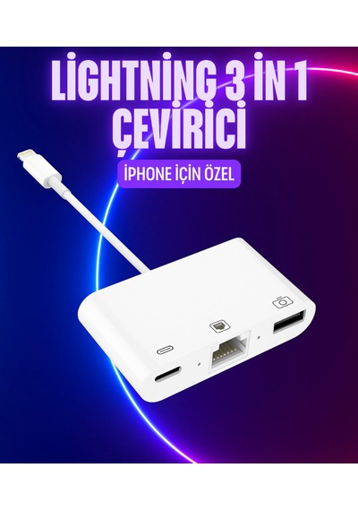 Kb-10 Apple iPhone Uyumlu Lightning 3ın1 Ethernet Rj45 Ve Usb Kamera Adaptörü