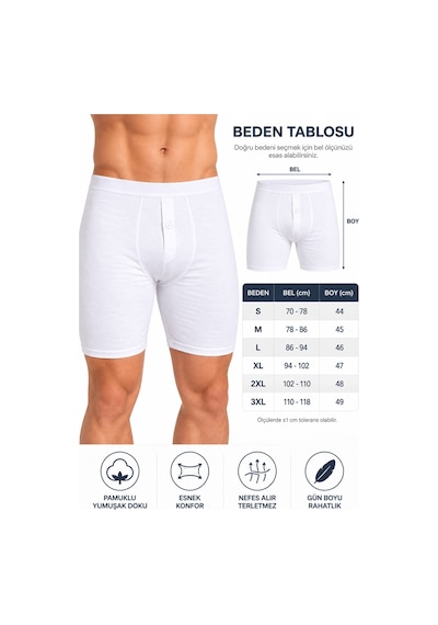 Westicgiyim Erkek Düğmeli Uzun Paça Boxer %95 Pamuk %5 Elastan Likralı Esnek Beyaz İç Giyim S-m-l
