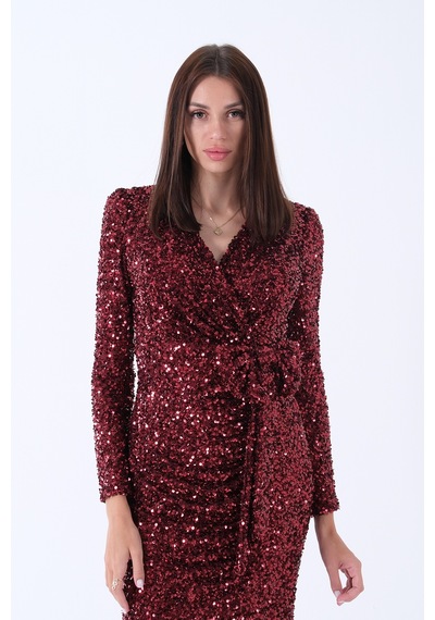 Feminist Bordo Beli Fiyonk Detaylı Pul Payetli Midi Boy Abiye 9705833