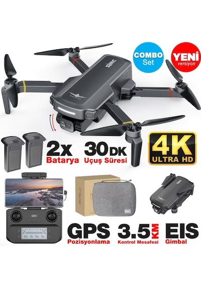 Sjrc F5s Pro+ Plus Combo 4k Kameralı Drone Seti +2batarya+3.5km Menzil+30 Dakika Uçuş Süresi+çanta+eıs Gimbal+takip Modu