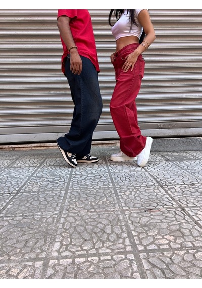 St.poll Vintage Eskitme Yıkama Unisex Baggy Jean Pantolon Vintage Kırmızı
