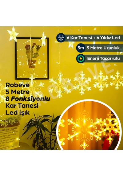 Robeve 8 Fonksiyonlu Büyük Kar Tanesi Led Işık 5 Metre Uzunlukta Suya Dayanıklı Dekoratif Aydınlatma Gün Işığı