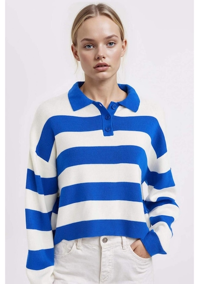 Defacto Regular Fit Polo Yaka Düğmeli Çizgili Triko Kazak A2357AX24WNBE64 Mavi