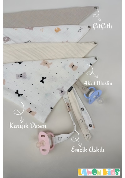 Karışık Erkek Bebek Desen %100 Pamuk 4 Katlı Müslin Kumaş Emzik Askılı Çıtçıtlı Bebek Önlük,salya Önlüğü Çok Renkli 3 Adet