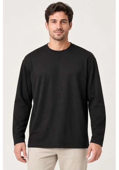 Erkek Modal Yumuşak Dokulu Bisiklet Yaka Uzun Kollu Tişört Sweatshirt - Siyah
