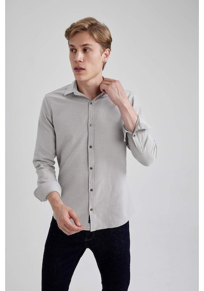 Defacto Slim Fit Dar Kesim Pamuklu Basic Düz Uzun Kollu Gömlek A4644AX23AUGR91 Gri