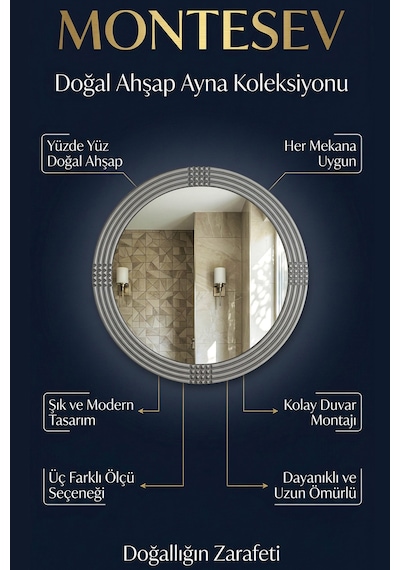 Led Işıklı Safir Gümüş Dekoratif İşlemeli Duvar Aynası Tekli 43cm Gümüş