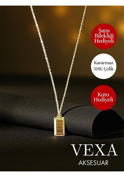 Külçe Altın Görünümlü Kararmaz 316l Çelik Kolye Stainless Steel - Kutu Ve Şans Bilekliği Hediye Altın