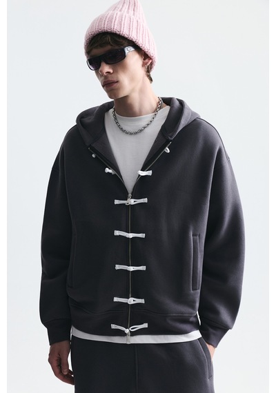 Süslü Düğme Sweatshirt Ve Barrel Fit Eşofman Takım Füme