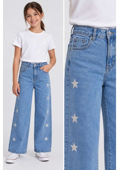 Rony Pony Kids Kız Çocuk Yıldız Nakışlı Bol Paça Jean Pantolon Açık Mavi Yüksek Bel Denim