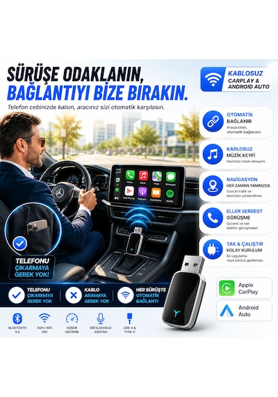 Hpytech Kablosuz Carplay Android Auto Dönüştürücü Usb & Type-c Mini Adaptör Wireless Carplay Dongle Tak Çalıştır Bluetooth 5.0 5ghz Wifi İphone & Android Uyumlu