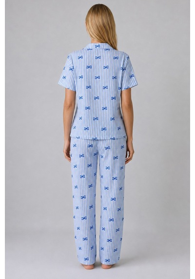 Mavi Kurdele Desenli Çizgili Bürümcük Pijama Takımı 4645-mavi
