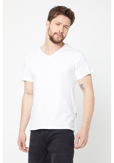 Erkek Indigo %100 Pamuk Basıc Regular Fit Pamuklu Kısa Kollu V Yaka T-shirt Beyaz