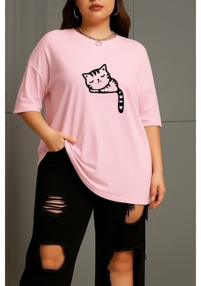 Büyük Beden Çizgili Uykusuz Kedi Baskılı Unisex Tişört Pembe