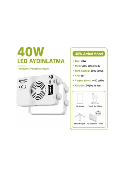 Levong,le-042 40w Profesyonel Led Çekim Işığı 3 Işık Tonu Kompakt Güçlü Aydınlatma, Tripod Ve Kamera Uyumlu