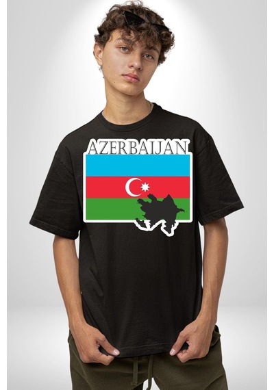 Azerbeycan Bayrak Ülke Pamuklu Bisiklet Yaka Unisex Oversize Boyfriend Dijital Baskılı Siyah T-shirt Siyah