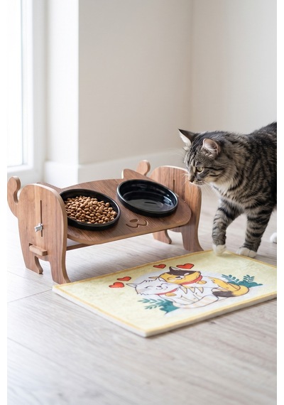 Ahşap Kedi Mama Seramik Su Kabı Standı,kedili Mama Kabı, Hediye Kedi Halısı