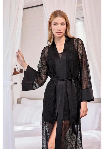 Aria's Closet Arias Closet Uzun Kollu Dantelli Ve Kuşaklı Sabahlık Siyah
