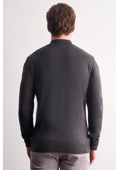 İmza Koyu Antrasit Dik Yaka Uzun Kol Cepsiz Slim Fit Casual Pamuklu Triko Kazak 1012255108 Antrasit