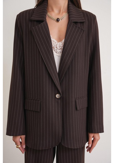 Mixray 4753 Kadın Çizgili Oversize Blazer Ceket Kahve