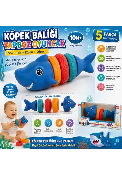 Köpek Balığı Yapboz Oyuncak Sök Tak Köpek Balığı Yapı Oyuncağı5 Parçalı Eğitici Oyuncak