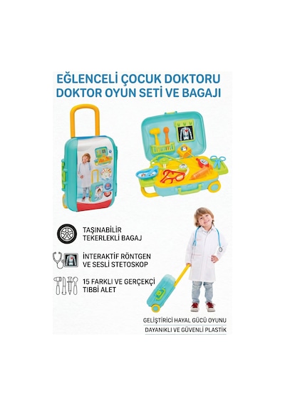 Eğitici Oyuncak Doktor Seti Çantalı Tekerlekli Valizli 15 Parça Çocuk Oyun Seti