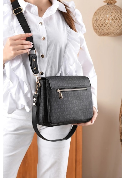 Just Polo Kadın Orijinal Just Polo Baskılı Büyük Boy Şık El Ve Omuz Çantası Shoulder Bag Ebat: 29 X 25 Cm Siyah