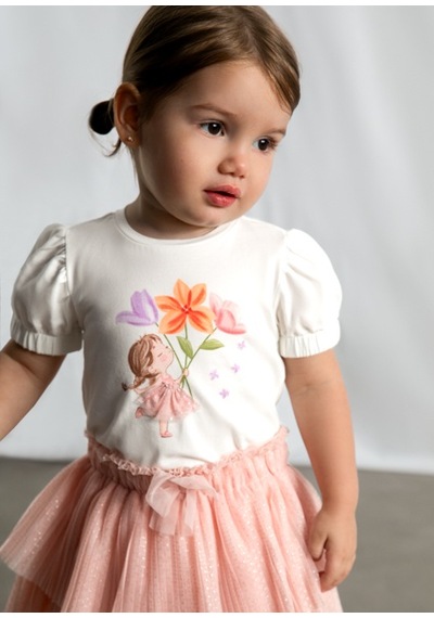 Mayoral Kız Bebek İşlemeli Balon Kol T-shirt Krem - 01078 Pembe