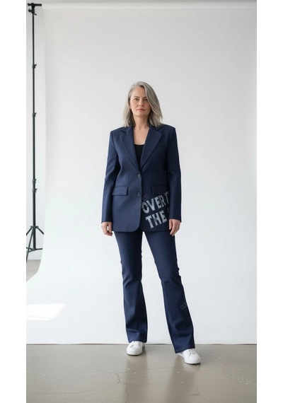 Byemelika Tasarım Baskılı Denim Blazer Lacivert