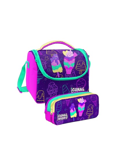 Coral High Mor Pembe Dondurma Desenli Kız Çocuk Isı Yalıtımlı Beslenme Çantası Ve Kalemlik Seti