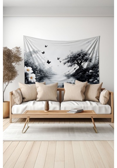 Siyah Doğa Manzarası Desenli Duvar Halısı Duvar Örtüsü Tapestry Süet Dokulu Kumaş