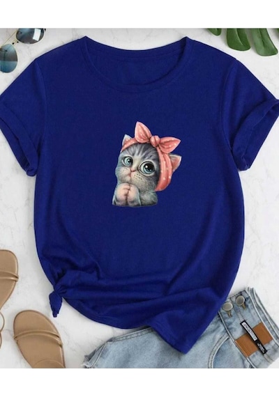 Kozia Outdoors Sevimli Kedi Baskılı Oversize Basic O Yaka Unisex T-şhirt Mavi Mavi