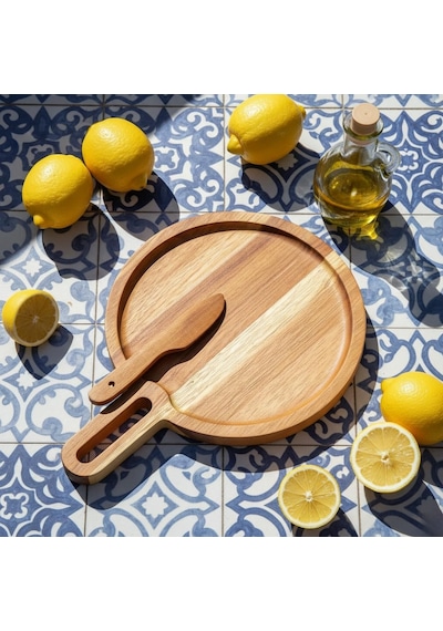 Doğal Akasya Yuvarlak Peynir Sunum Tahtası Ve Bıçak Seti 19 Cm Ahşap Servis Tepsisi, Yanında Özel Peynir Bıçağı İle 2 Parça Mini Set Çok Renkli
