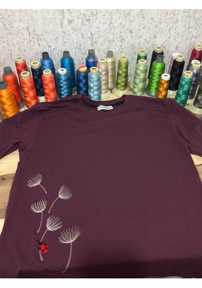 Yubistitch Tshirt Nakış İşlemeli Karahindiba- Penye- Bordo