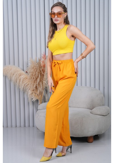 Polologin Butik Sarı Belden Bağlamalı Bol Paça Pantolon Sarı