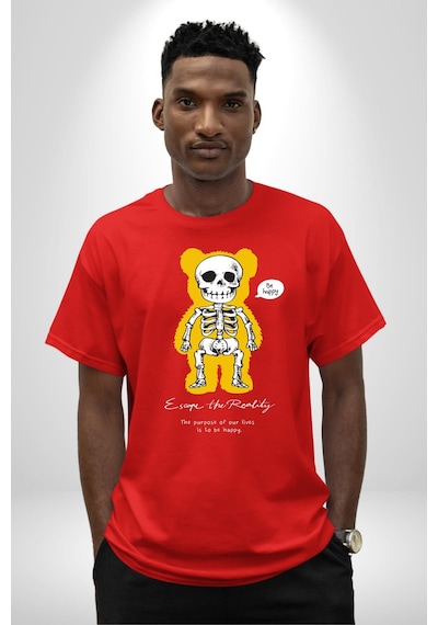 Mutlu Ol Pamuklu Bisiklet Yaka Unisex Oversize Boyfriend Dijital Baskılı Kırmızı T-shirt Kırmızı