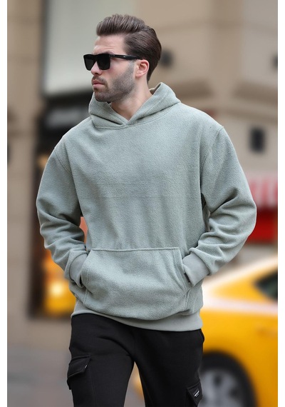 Madmext Çağla Yeşili Kapüşonlu Cep Detaylı Polar Erkek Sweatshirt 7093 Yeşil