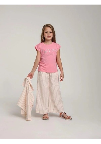 Escabel Kız Çocuk Pamuklu Happy Pul İşlemeli Tshirt-15637 Pembe