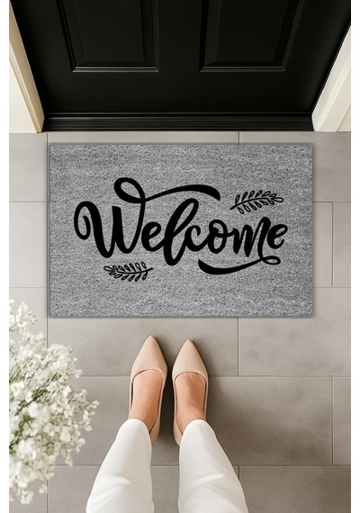 Rugmood Modern Dijital Baskı Paspas - Yaprak Welcome Paspas - Kapı Önü Paspası 70x45cm Gri