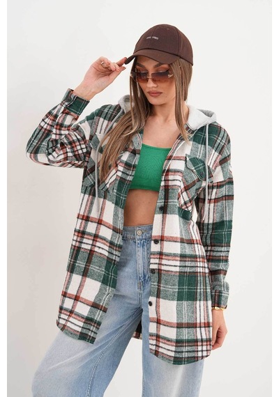 Polologin Butik Kadın Yeşil Beyaz Kapşonlu Araboy Tunik Yeşil