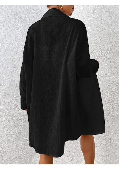 Kadın Oversize Uzun Gömlek - Siyah Düz Uzun Gömlek Siyah